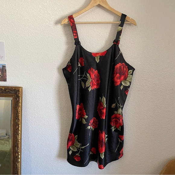 Vintage Satin Black & Red Stemmed Roses Floral Print Silky Slip Dress Just Love - Picture 9 of 9